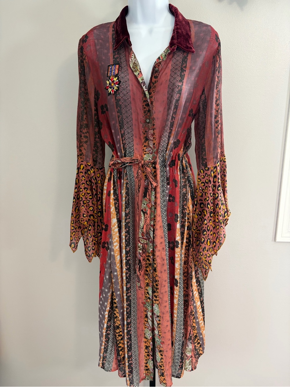 NWOT Aratta Silent Journey- Mixed-Print Midi Shirt Dress/Duster in Red Multi